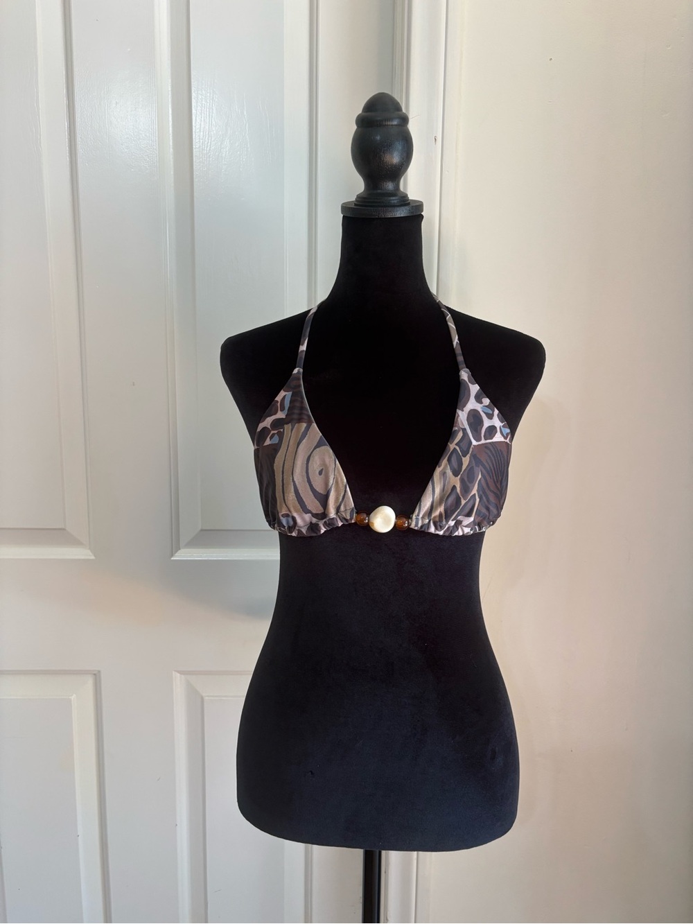 Women's Halter Bikini Top with Decorative Center Accent - Brown/Black